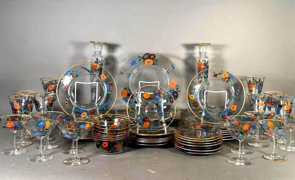 Hand Painted Glass Dinnerware, Service for Eight, Early 20thc.: Hand Painted Glass Dinnerware, Service for Eight, Early 20thc. In colorless glass hand painted with floral sprigs in blue, orange, purple, green and yellow with gilded accents, Comprising; 8 Dinner Pl