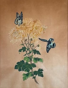 Antique Chinese Watercolor, Butterflies and Chrysanthemum