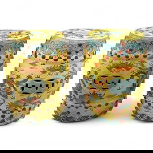 Pair Famille Jaune Chinese Garden Seats: Pair Famille Jaune Chinese Garden Seats, yellow ground, decorated with blue dragons, flaming Pearl of Wisdom, light blue lappet border at top, and cresting sea waves at bottom. Pierced top seats. Dime