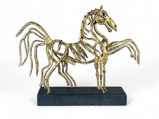 Pal Kepenyes Bronze Sculpture, Prancing Horse: Pal Kepenyes (Hungarian/Mexican 1926-2021) Prancing Horse, bronze with kinetic elements, raised on ebonized wood base, signed. Dimensions: 14.75 x 21 x 2 in. 17 in.h. including base. Condition: Very g