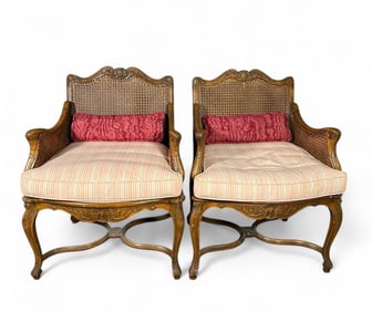 Pair of Louis XV Style Caned Bergeres, Modern