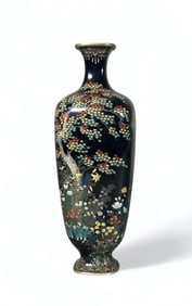Japanese Cloisonne Vase, Various Flowers Under Japanese Maple