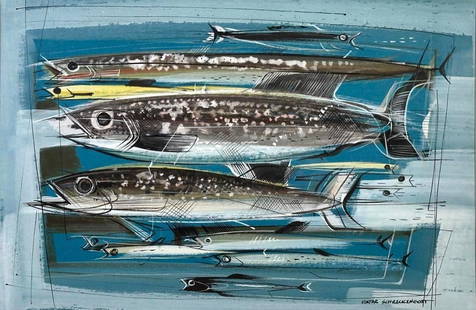 Viktor Schreckengost Watercolor, Fish in the Sea: Viktor Schreckengost (American 1906-2008). Watercolor on paper, signed lower right, matted and framed. Dimensions: 8.75 x 13.25 in. 16.75 x 20.75 in. as framed. Condition: Not inspected out of frame,