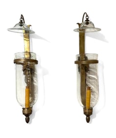 Pair of Brass and Glass Hurricane Lantern Wall Sconces