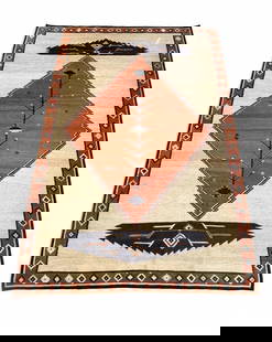 Zapotec Wool Rug 7'9" x 5'1": Wool on cotton foundation, tan field with diamond lozenge in warm brown, both tips with cosmic mountain with the diamante shape representing the all seeing eye of god. Brown edge with alternating diam