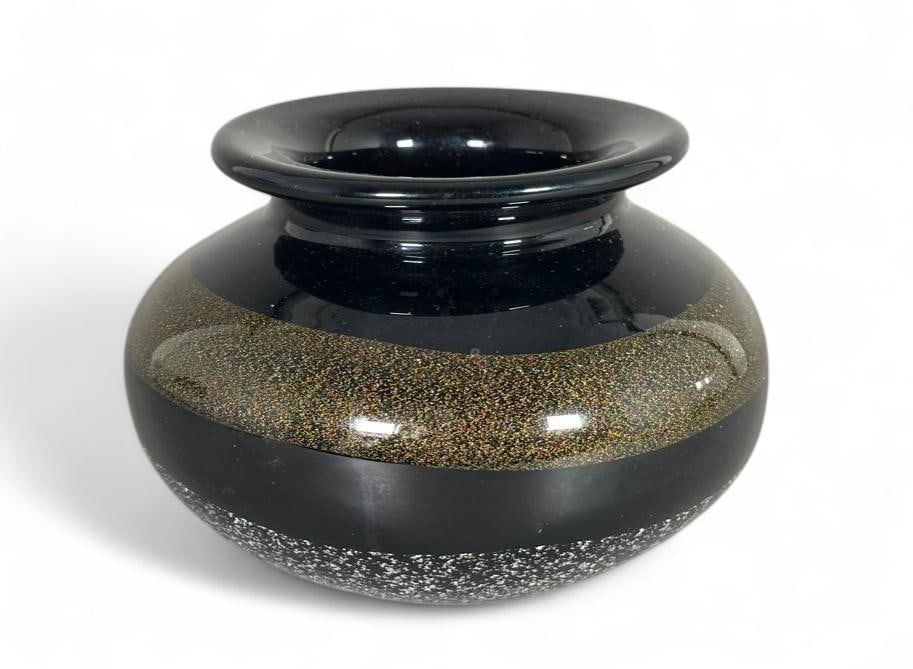 Pauly & Co. Venizia Murano Glass Vase: Pauly & Co. Venizia Murano Glass Vase, of rounded form with everted rim, hand blown in opaque black glass internally decorated with two concentric bands around the form in gold and silver metallic foi