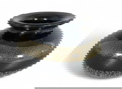Pauly & Co. Venizia Murano Glass Vase: Pauly & Co. Venizia Murano Glass Vase, of rounded form with everted rim, hand blown in opaque black glass internally decorated with two concentric bands around the form in gold and silver metallic foi