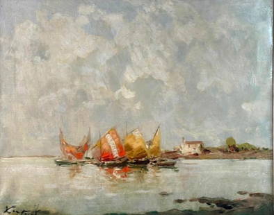 Ivan (Giovanni) Karpoff ( Russian 1898-1970): Oil on canvas, signed lower left, coastal view with sailing ships. Dimensions: Image size 15" x 19", frame size 20" x 24". Framed. Condition: Very good, slight undulation at lower left corner.