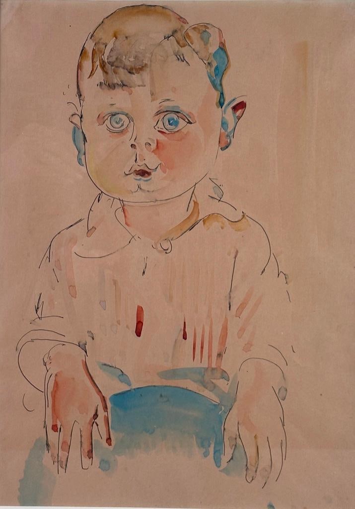 William Sommer Watercolor, Portrait of a Boy with Hands Clasped: William Sommer (American 1867-1949) Portrait of of a Boy, ink and watercolor on paper, matted and framed. Dimensions: 14 x 10 in. image size, 20.5 x 17 in. as framed. Condition: Paper is toned, otherw