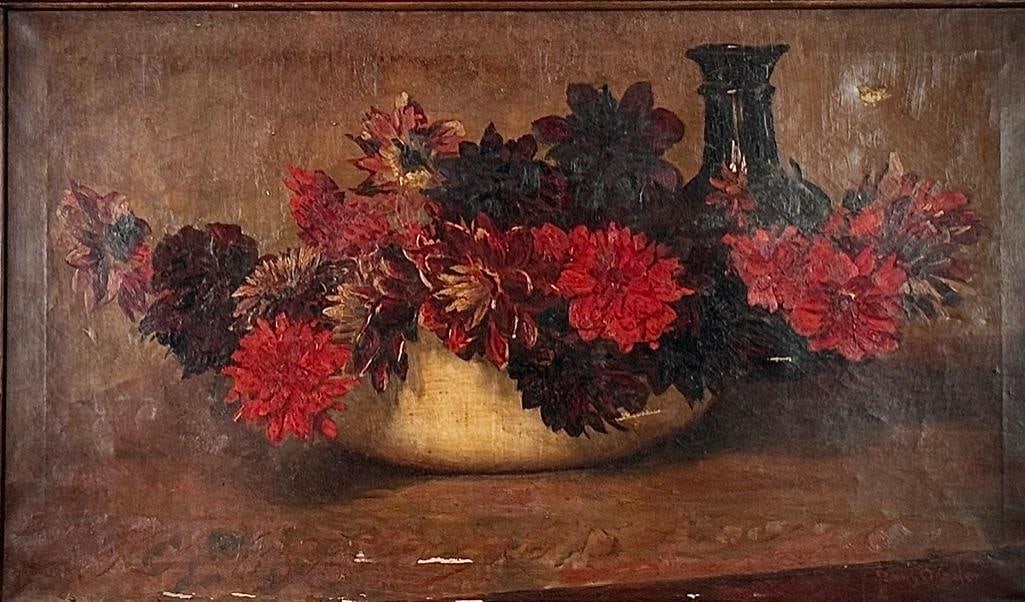 Frans David Oerder Oil, Still Life, Dahlias and a Wine Jug: Frans David Oerder (Netherlands/South Africa 1867-1944) Still Life, Dahlias and a Wine Jug, oil on canvas, signed lower right, in hand painted frame. Dimensions: 22.5 x 39 in. canvas size, 29 x 45.5 i