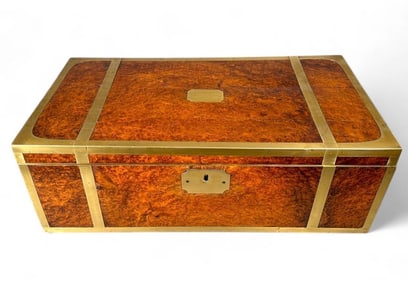 English Regency Burled Wood Brass Bound Travel Writing Box
