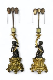 A Pair of Rococo Style Bronze Figural Candelabra Lamps