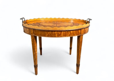 Antique English Inlaid Wood Tray on Later Stand