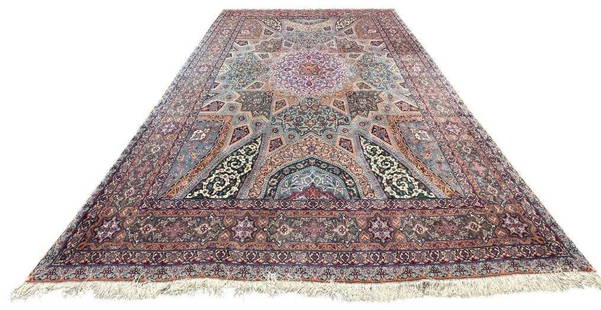 Persian Carpet Tabriz 13'4" x 9'5": Fine Persian Tabriz Carpet, wool on cotton foundation, with intricate design and wide borders. Subtle colors of salmon, pink, light blue, lavender, green, blues and plum. Designed after a Persian tile