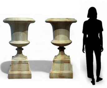 Pair of Monumental Green Patina Urns on Stands