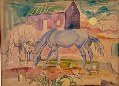 William Sommer Watercolor, Horses Grazing, Brandywine