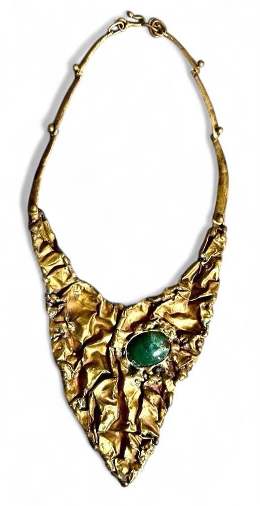 Pal Kepenyes Brass and Hardstone Bib Necklace: Pal Kepenyes (Hungarian/Mexican 1926-2021) Handwrought Brass and Hardstone Bib necklace, c.1960's-70's, crumpled bib form in brass set with an oval green hardstone, on an adjustable link chain. No sig