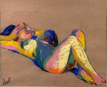 20thx, California School, Signed Paul, Pastel, Reclining Nude with Hands Covering Eyes