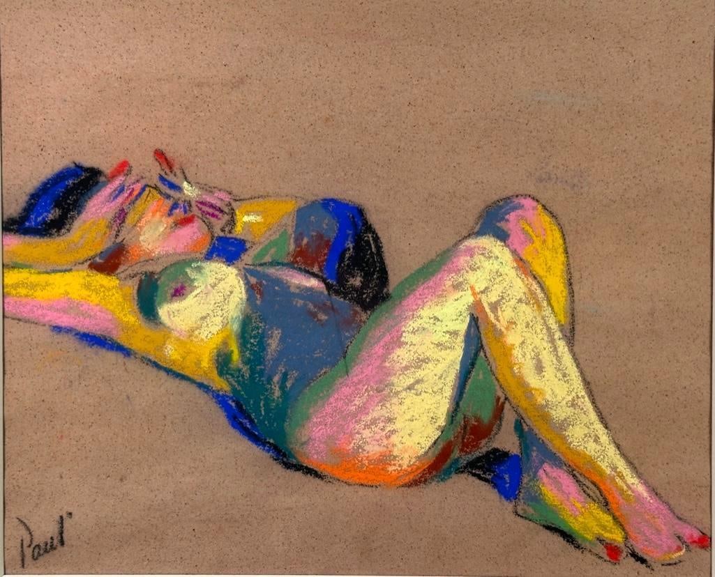 20thx, California School, Signed Paul, Pastel, Reclining Nude with Hands Covering Eyes: Paul (California, 20thc. ) Reclining Nude with Hands Covering Eyes, pastel on brown paper, signed Paul, lower left, matted and framed. Dimensions: 7.75 x 9.5 in. image size, 15 x 16.75 in. as framed.