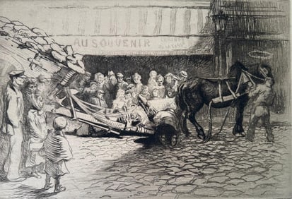 Edgar Chahine Drypoint Etching, "Le Timonier Tombe"
