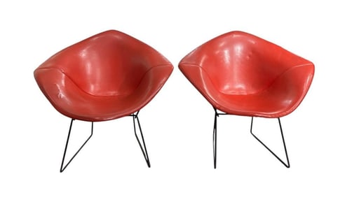 Pair of Vintage Harry Bertoia Leather Upholstered Diamond Chairs