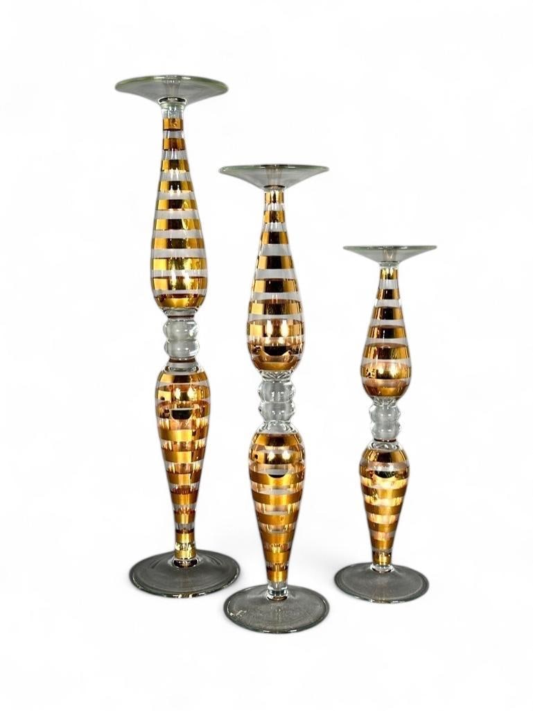 Three Large Glass Candlesticks with Gilt Striping (1 of 5)
