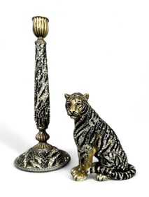 Jay Strongwater Swarovski Jeweled Tiger and Matching Candlestick