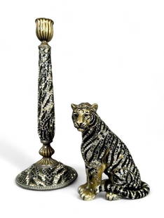 Jay Strongwater Swarovski Jeweled Tiger and Matching Candlestick: Jay Strongwater Swarovski Jeweled Tiger and Candlestick, the tiger seated, in black and silver tones, encrusted allover with Swarovski crystals, together with a similarly patterned candlestick. Each w