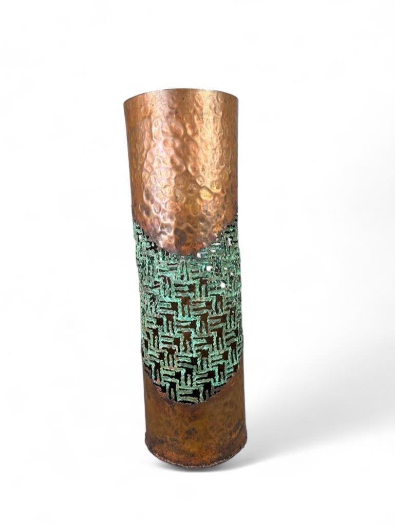 Fantoni Attributed Metal Lamp Base: Reticulated metal lamp base, repurposed as a decorative container, copper with green patina in areas of reticulation, unmarked, yet attributed to Fantoni. Dimensions: Approx 20"T, Condition: base is d