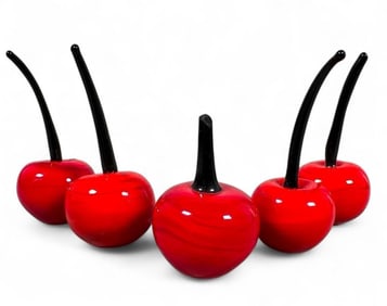 Five Murano Hand Blown Glass Cherries