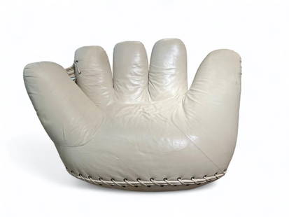 Joe Leather Baseball Glove Chair: Joe Leather Baseball Glove Chair, possibly by Poltronova, designed 1970, cream colored leather chair in the form of a baseball mitt. Dimensions: 32 x 66 x 46 in. Condition: 6 inch tear to leather upho