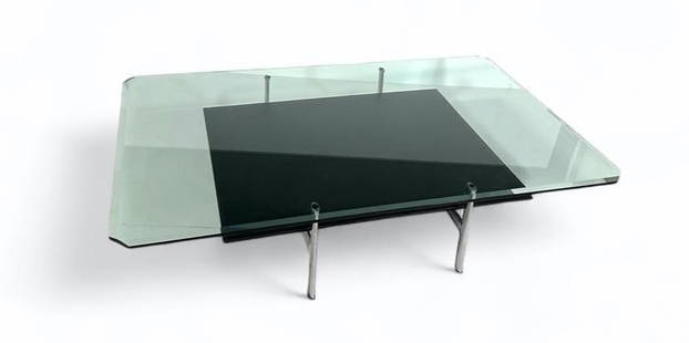 B & B Italia Antonio Citterio Diesis Table: B & B Italia Diesis Table, designed by Antonio Citterio, beveled rectangular glass top with canted corners, on a tubular steel and aluminum base with black leather covered platform. Embossed mark on l