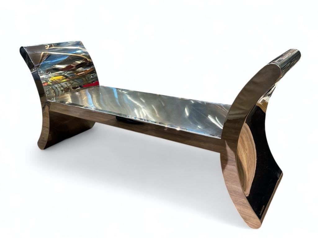 Ron Seff Ramses Bench: Ron Seff Ramses Bench, rectangular form with outscrolled arms in chromed steel. Dimensions: 25 x 54 x 16 in. Condition: Some scuffs to top of arms and seat from use.