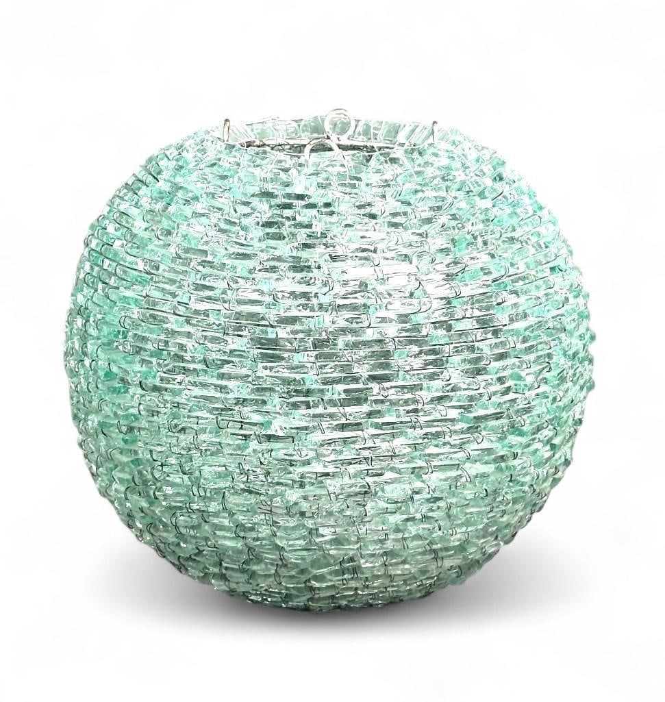 Italian Modern Glass Tile Spherical Tao Lamp: Italian Modern Glass Tile Spherical 'Tao' Lamp, c. 1960-69, wire armature fitted with overlapping pale green glass tiles, with interior bulb, for table use. Dimensions: 12 in.h. Condition: Very good.