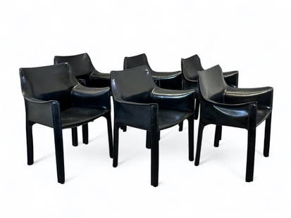 Set of Six Mario Bellini Design Cab Arm Chairs By Cassina: Set of Six Mario Bellini Design Cab Arm Chairs By Cassina, model CAB 413,designed in 1977, in black leather zipped over tubular steel frame. Dimensions: 31 x 23 x 18 in. Condition: Good with some wear