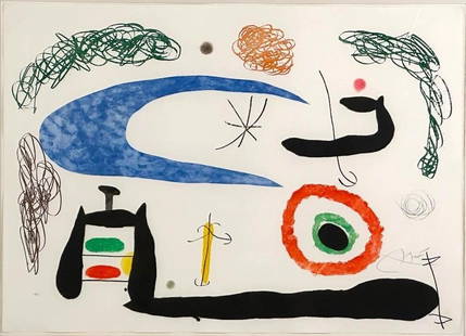Joan Miro Lithograph, "Dormir Sous La Lune": Joan Miro (Spanish 1893-1983) "Dormir Sous La Lune," 1969, etching, aquatint, drypoint and carborundum on Arches paper, signed in pencil lower right, numbered in pencil lower left, 47/75, float mounte