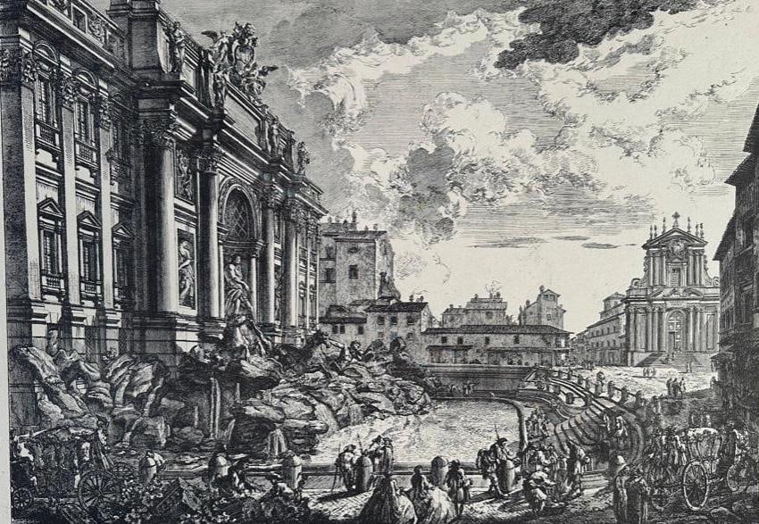After Giovanni Battista Piranesi, "Veduta della Vasta Fontana di Trevi...": After Giovanni Battista Piranesi (Italian 1720-1778) "Veduta della Vasta Fontana di Trevi..." offset decorative print, matted and framed, in French matting. Dimensions: 16 x 22 in. plate size, 24.5 x