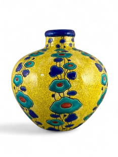 Charles Catteau Keramis Boch Freres Art Deco Pottery Vase: Charles Catteau (French 1880-1966) Keramis Boch Freres Art Deco Pottery Vase, baluster form vase decorated with bands of stylized flowers in green, blue and red on a yellow crackle glaze ground. Stamp