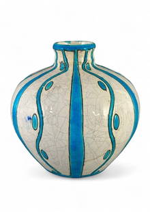 Charles Catteau Keramis Boch Freres Art Deco Pottery Vase: Charles Catteau (French 1880-1966) Keramis Boch Freres Art Deco Pottery Vase, baluster form vase in white crackle glaze with turquoise glazed tendril forms. Stamped Boch Freres signature in green with