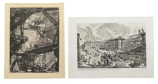 After Giovanni Battista Piranesi, Two Etchings, "Carceri d'Invenzione" and "Piazza Di Spagna"