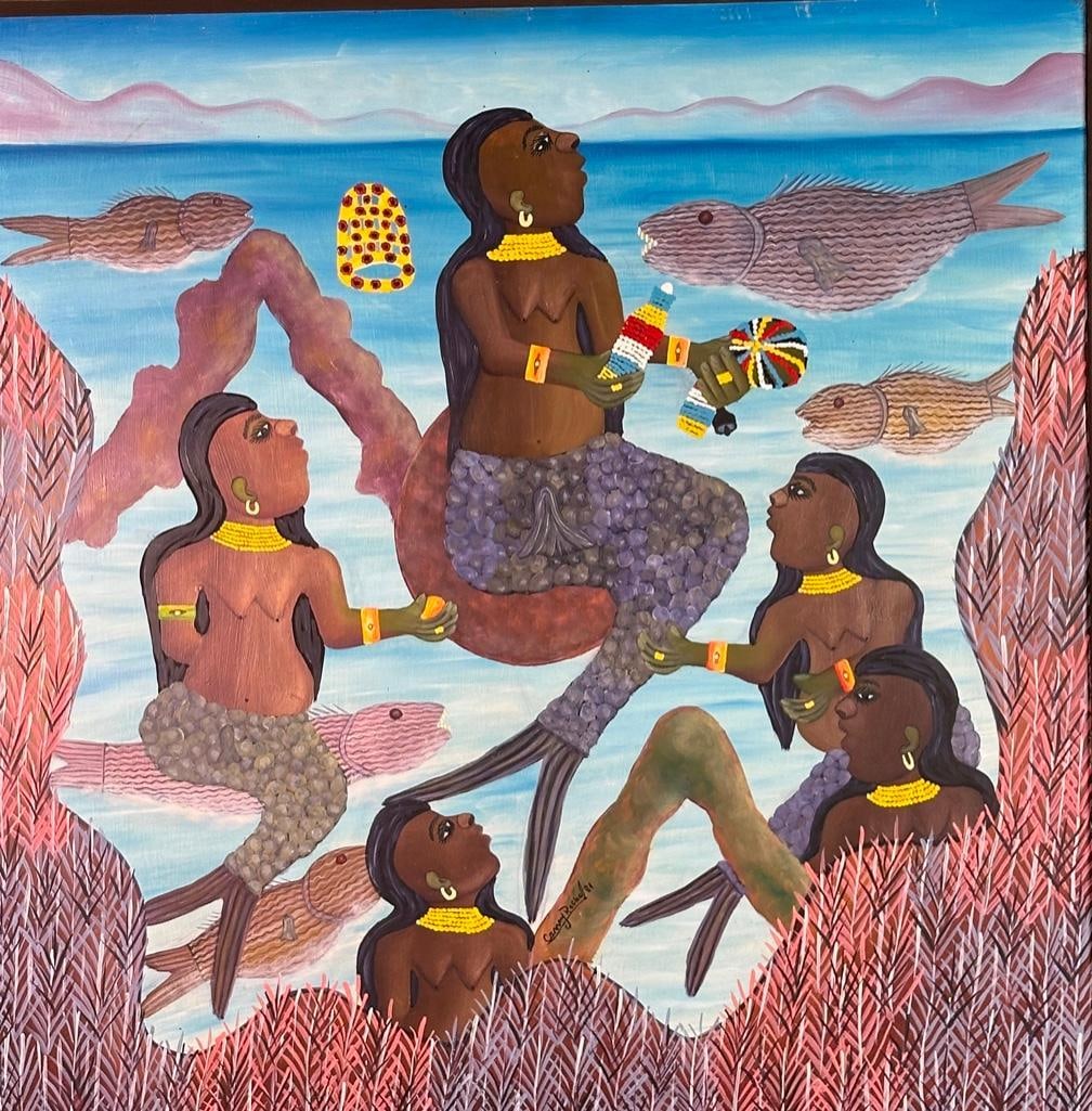 Camy Rocher Oil, "Simbie": Camy Rocher (Haitian 1959-1980) "Simbie," 1981, oil on masonite, signed and dated lower center, framed. Exhibited: "Kafou, Haiti, Art and Vodou," Nottingham Contemporary, Nottinghamshire, East Midland