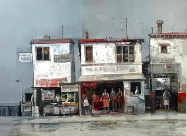 Fred Leach Gouache Painting, Street in a Seaside Town