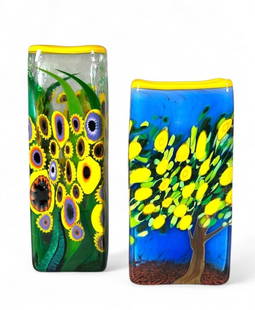 Two Mad Art Studios Art Glass Vases: Two Mad Art Studios Art Glass Vases, by Michael Maddy and Rina Fehrensen, squared and rectangular forms, each colorfully decorated with millefiori canes depicting a lemon tree and a flower field. Each