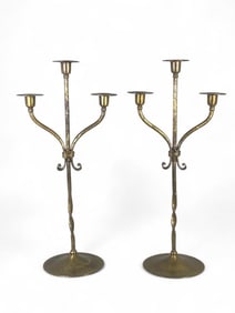 Pair of Signed Roycroft Hand Hammered Brass Three Light Candelabra