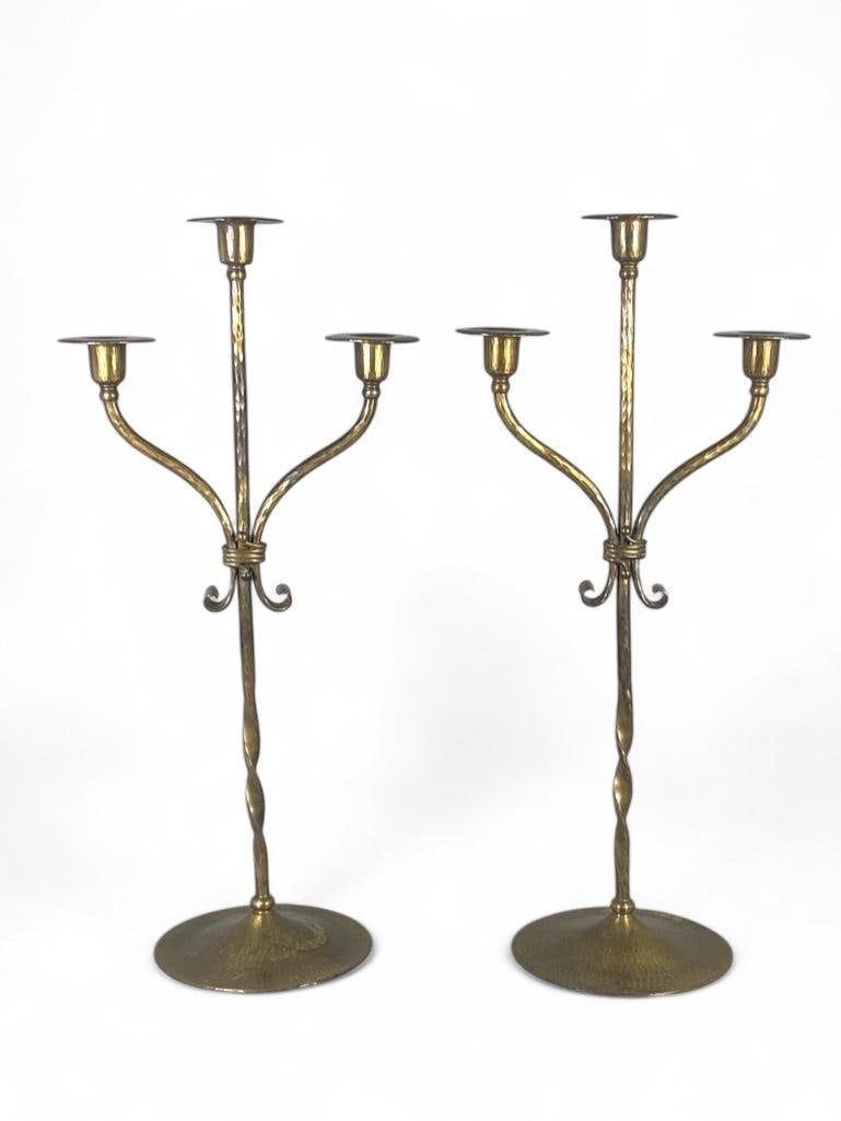 Pair of Signed Roycroft Hand Hammered Brass Three Light Candelabra (1 of 10)