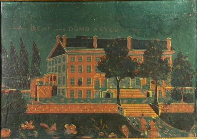 American Framed Block Printed Band Box Panel, "Deaf and Dumb Asylum"