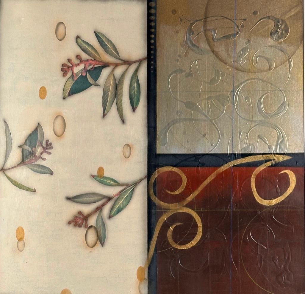 Kaoru Mansour Mixed Media, "Niwa No. 965": Kaoru Mansour (Japanese/American, 20th/21stc. ) "Niwa No. 965," 2002, mixed media on canvas, signed and inscribed verso. Dimensions: 32 x 32 in, image size, 39 x 39 in. as framed. Condition: Very good