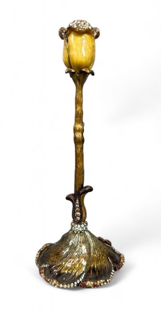Jay Strongwater Swarovski Jeweled and Enameled Candlestick: Jay Strongwater Swarovski Jeweled and Enameled Candlestick, floriform candlestick with bud shaped bobeche enameled in green and gold tones, inset with Swarovski crystals. Dimensions: 9.5 in.h. Conditi