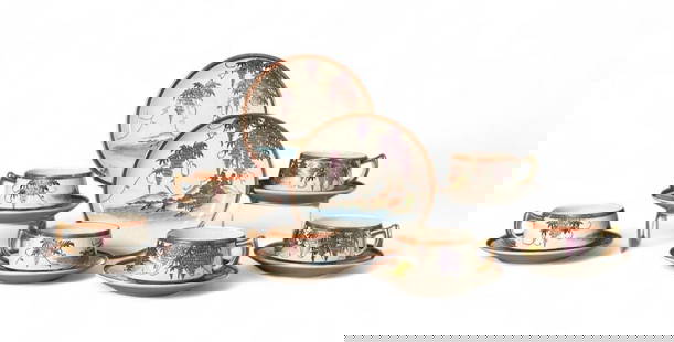 Japanese Satsuma Cups and Saucers: Six porcelain cups and saucers, with two side plates, in Wisteria design, rim in red and patterned gold, hand decorated, kiln mark on verso. Dimensions: Cups 2 in.t, saucers 5 in.dia, plates 6-6/16 in