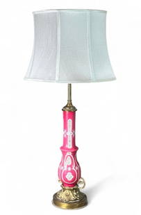 Baccarat Opaline Glass Lamp: Baccarat Opaline Glass Lamp, in white opaline glass overlaid with pink, cut back with decorative motifs and enameled in the white spaces with foliate scroll and bellfowers, raised on a gilt bronze and